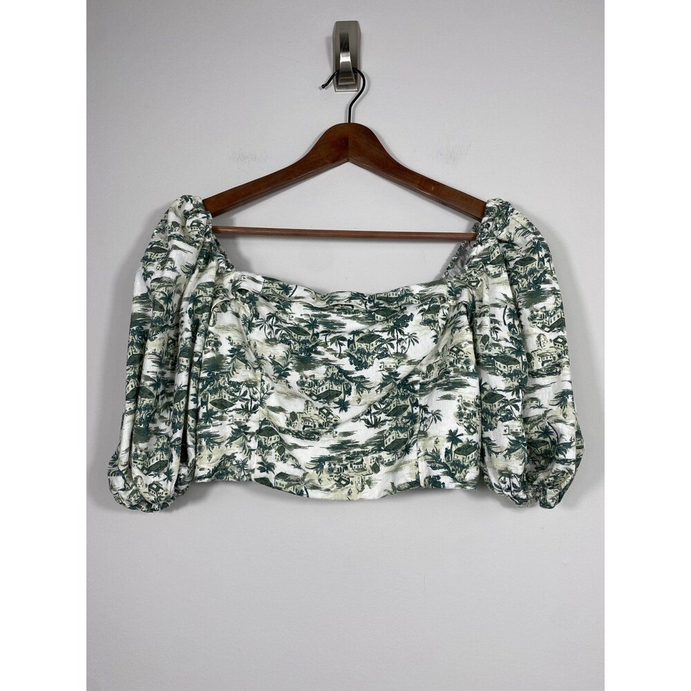 Abercrombie & Fitch Linen Blend Puff Sleeve Crop Top Tropical Print M